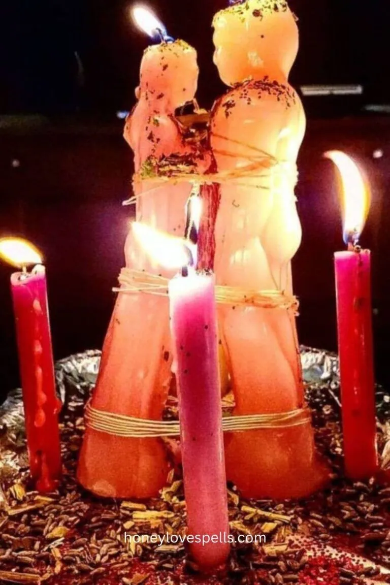 Couple performing traditional wedding marriage knot binding ceremony with sacred candles and herbs